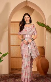 Soft Pink Floral Linen Cotton Saree with Zari Border - Pink