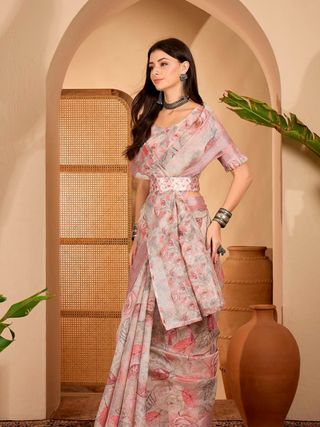 Soft Pink Floral Linen Cotton Saree with Zari Border