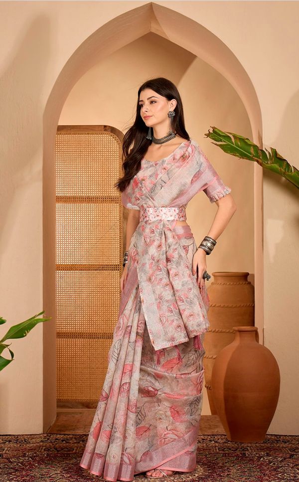 Soft Pink Floral Linen Cotton Saree with Zari Border