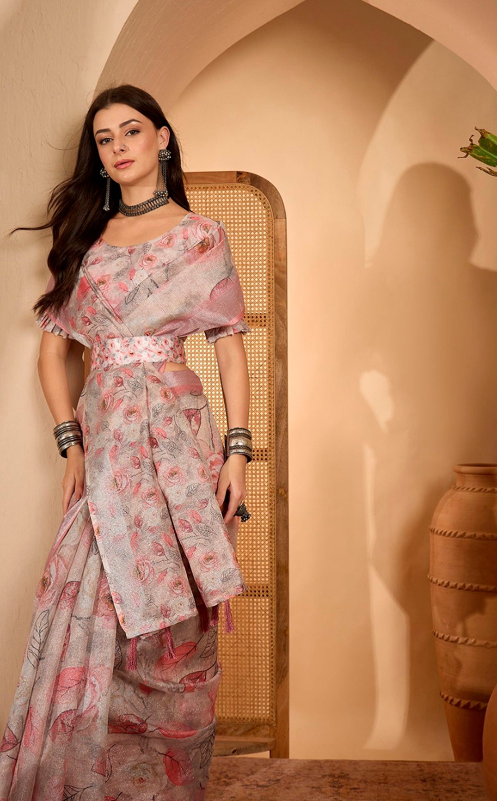 Soft Pink Floral Linen Cotton Saree with Zari Border