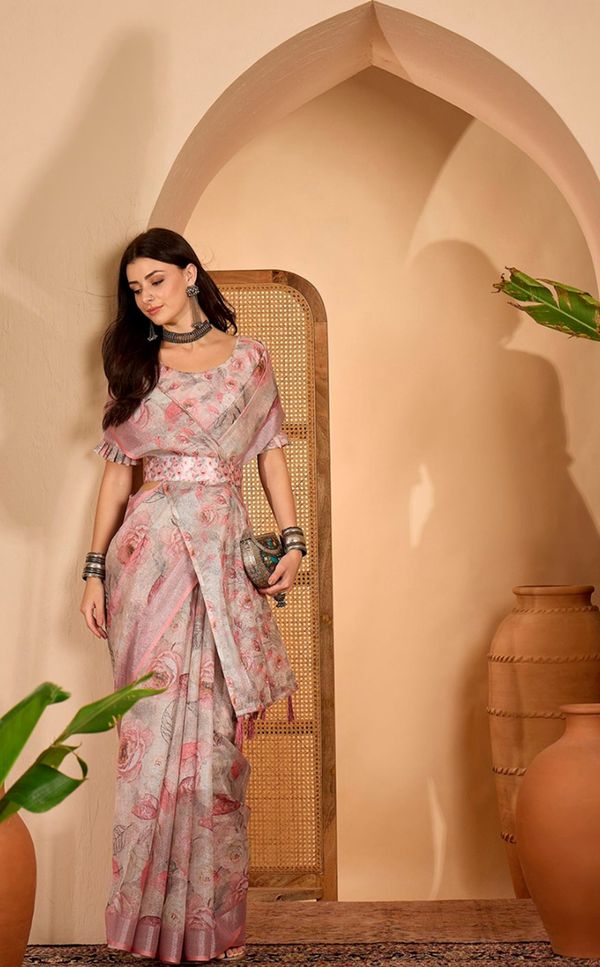 Soft Pink Floral Linen Cotton Saree with Zari Border