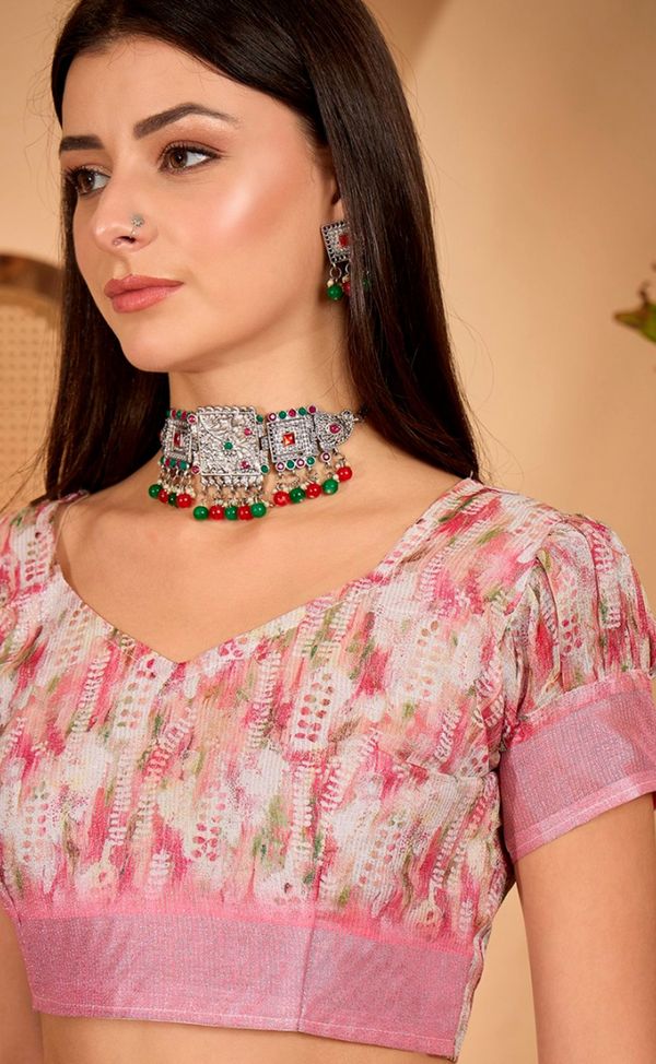 Soft Pink Floral Linen Cotton Saree with Zari Border