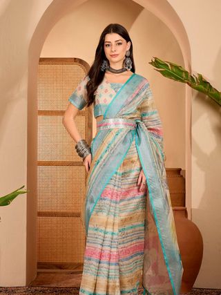 Multicolor Linen Cotton Saree with Artistic Stripe Design