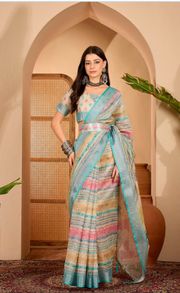 Multicolor Linen Cotton Saree with Artistic Stripe Design - multi color