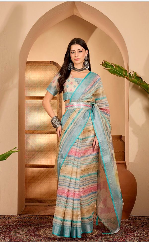 Multicolor Linen Cotton Saree with Artistic Stripe Design