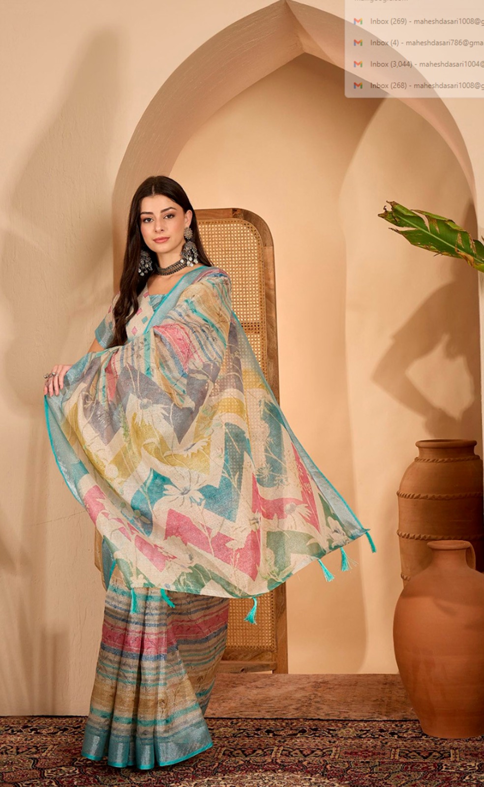 Multicolor Linen Cotton Saree with Artistic Stripe Design