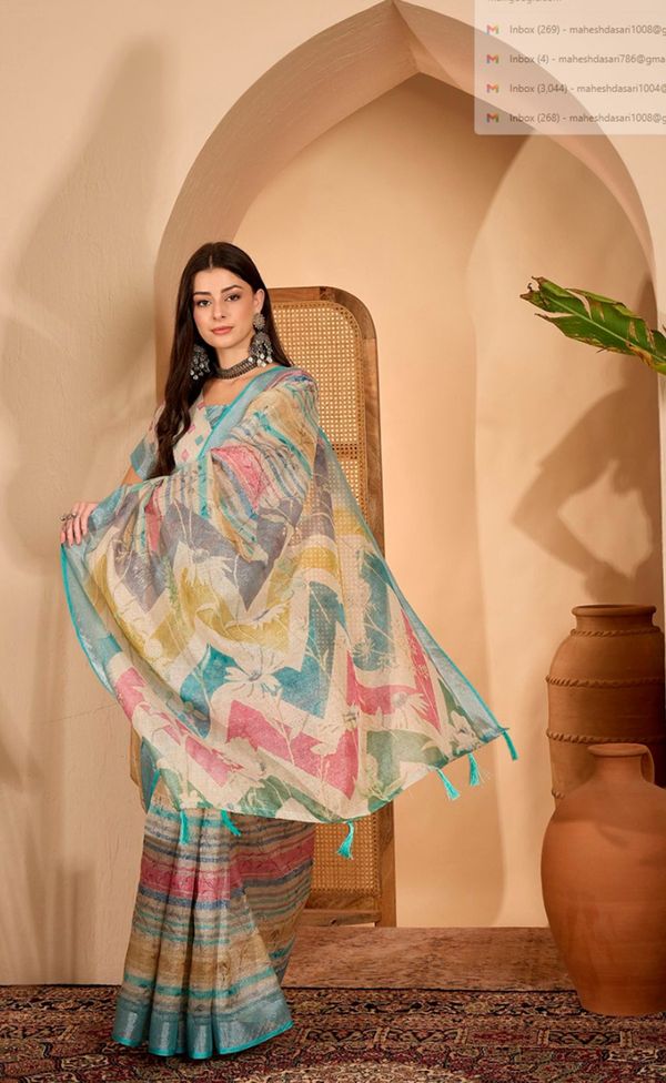 Multicolor Linen Cotton Saree with Artistic Stripe Design