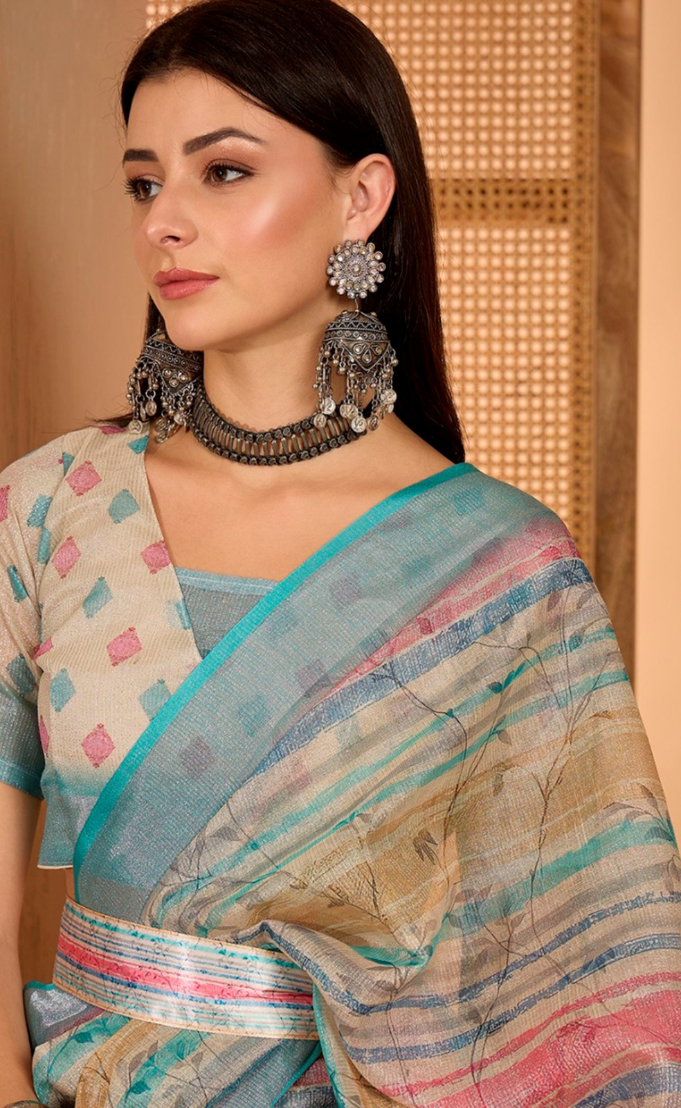 Multicolor Linen Cotton Saree with Artistic Stripe Design