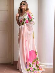 Peach Floral Linen Cotton Saree with Soft Printed Pallu - Peach