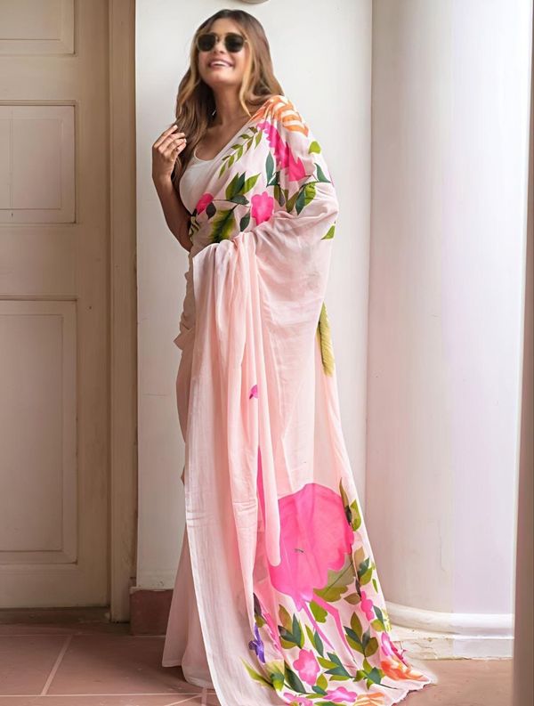 Peach Floral Linen Cotton Saree with Soft Printed Pallu