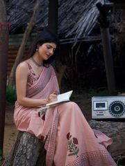 Peach Linen Cotton Printed Saree for Women Online - Peach