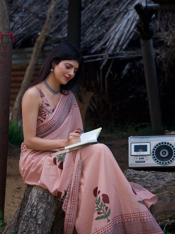 Peach Linen Cotton Printed Saree for Women Online