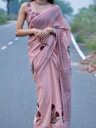 Peach Linen Cotton Printed Saree for Women Online