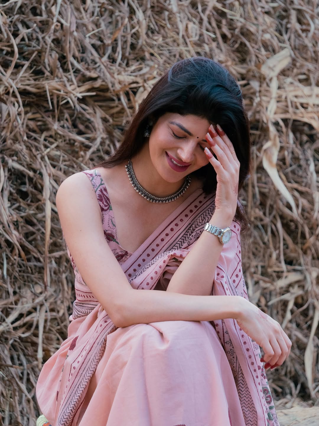 Peach Linen Cotton Printed Saree for Women Online