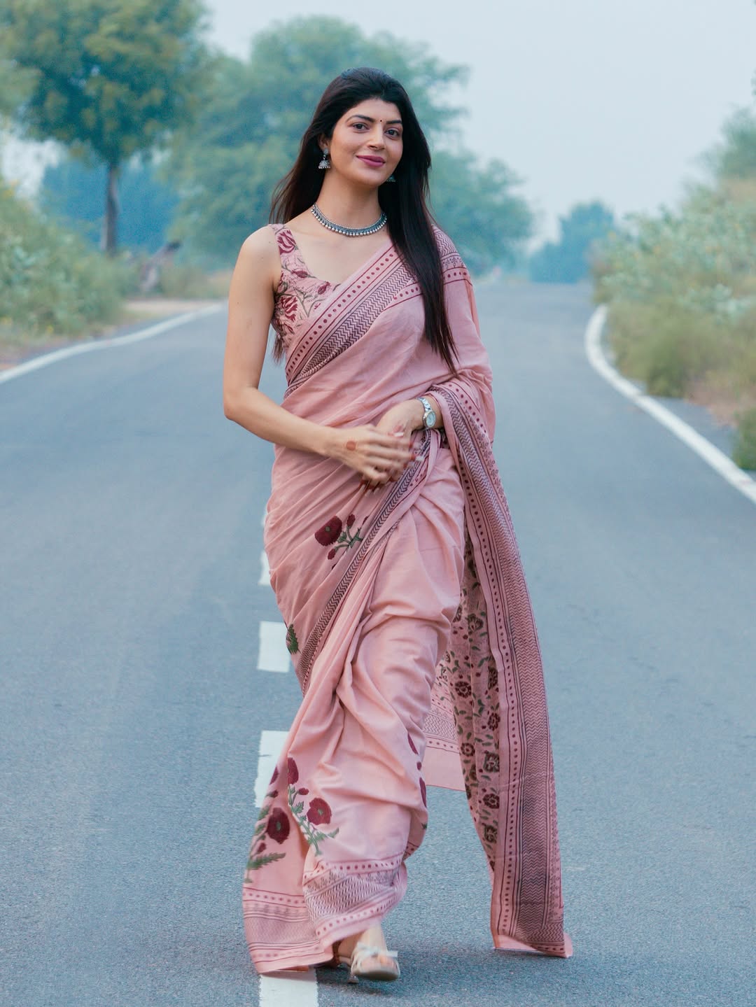 Peach Linen Cotton Printed Saree for Women Online