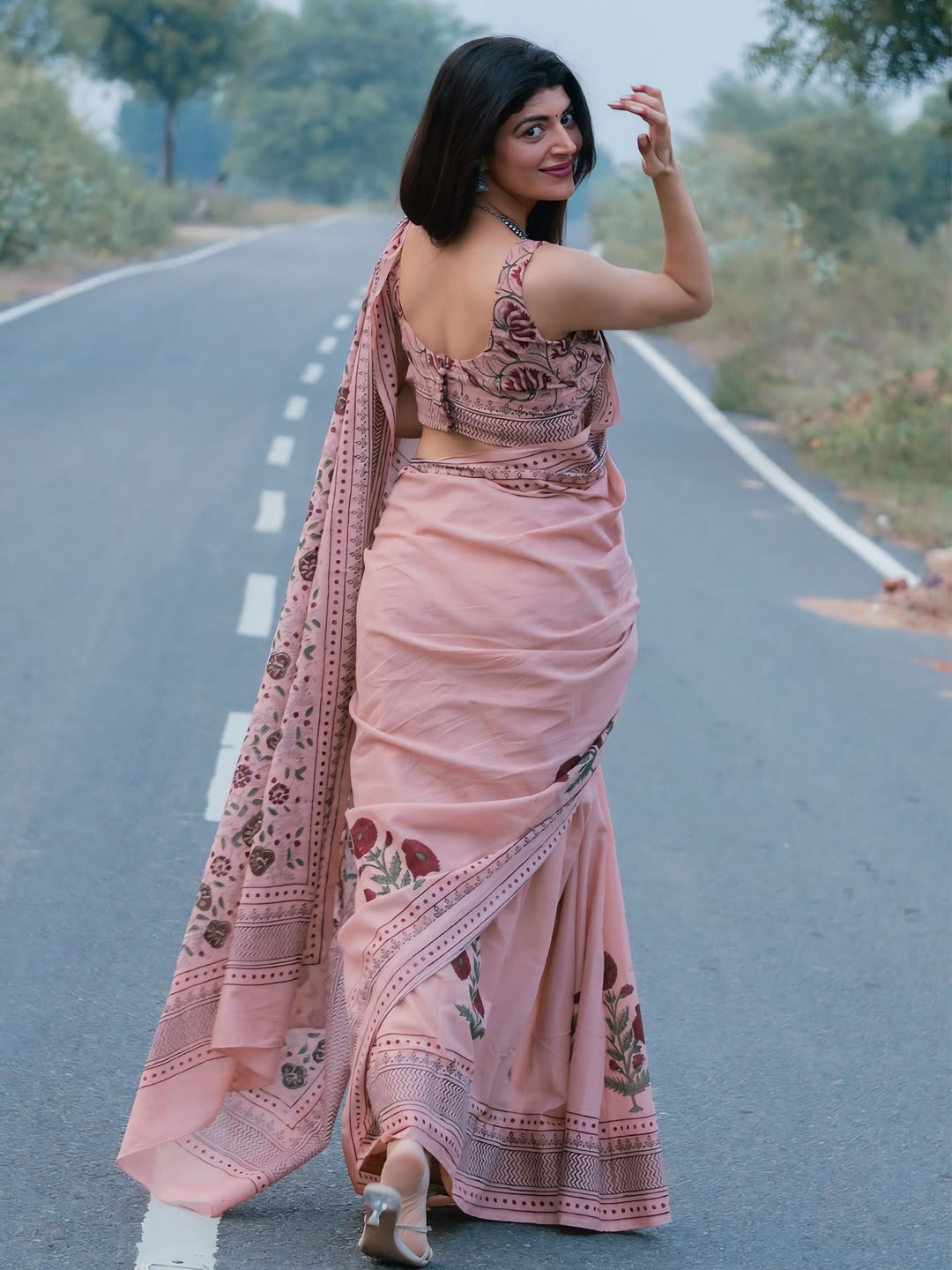Peach Linen Cotton Printed Saree for Women Online