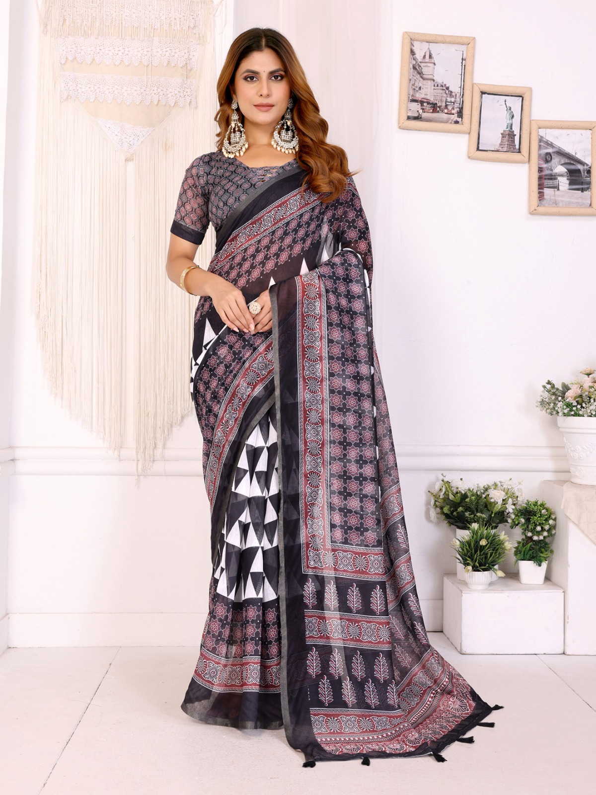 Black Maroon Chanderi Printed Saree for Women
