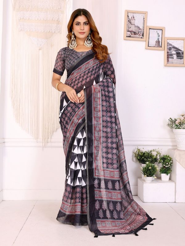 Black Maroon Chanderi Printed Saree for Women
