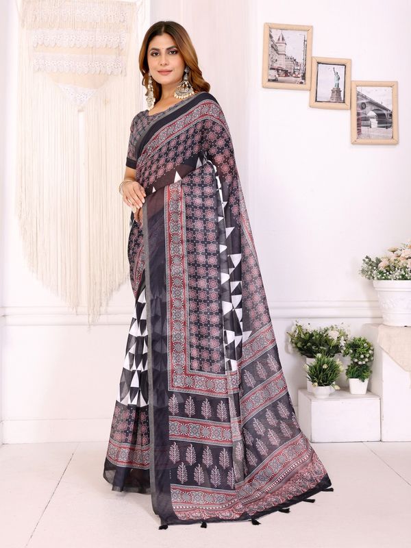 Black Maroon Chanderi Printed Saree for Women