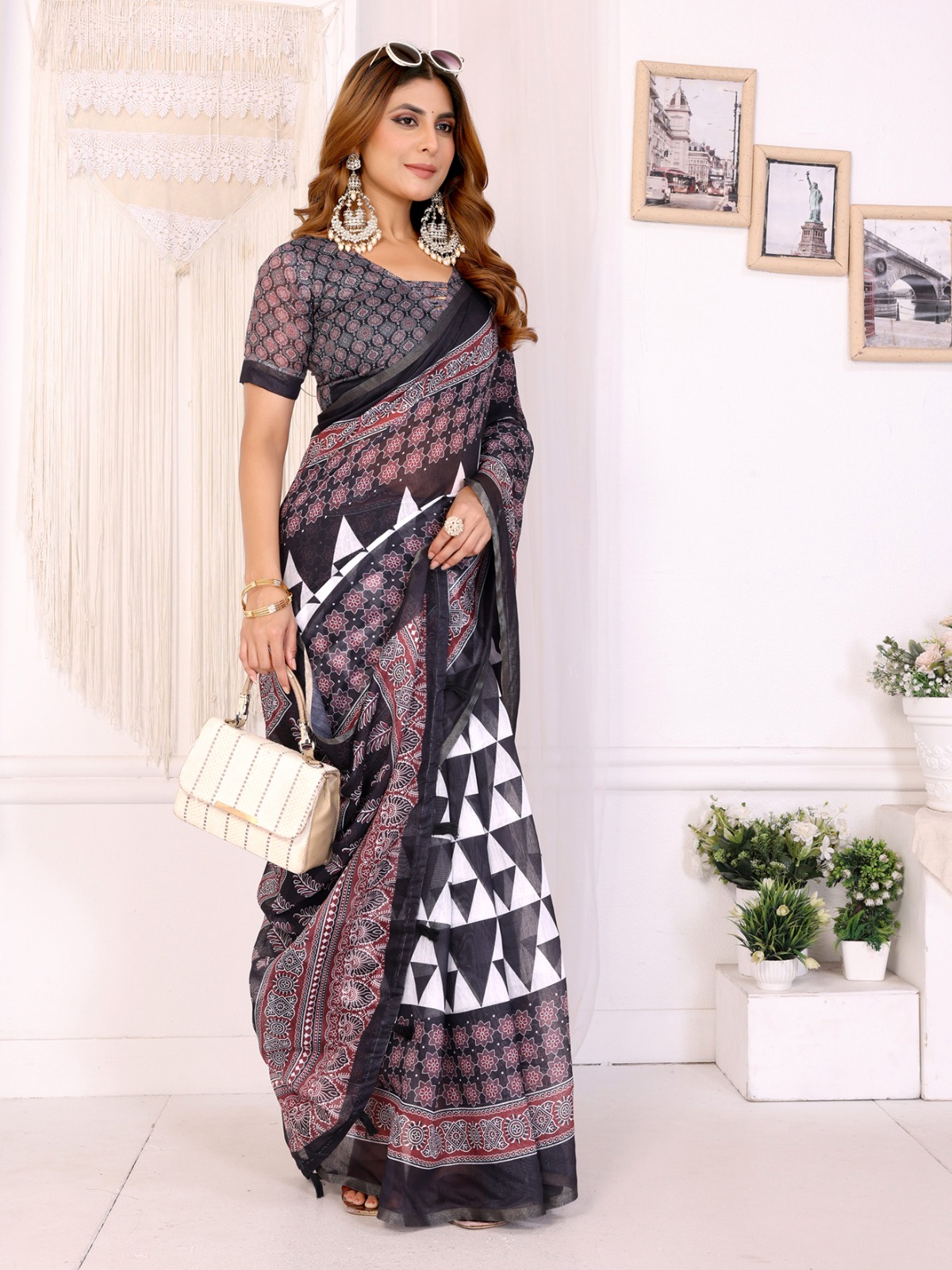 Black Maroon Chanderi Printed Saree for Women