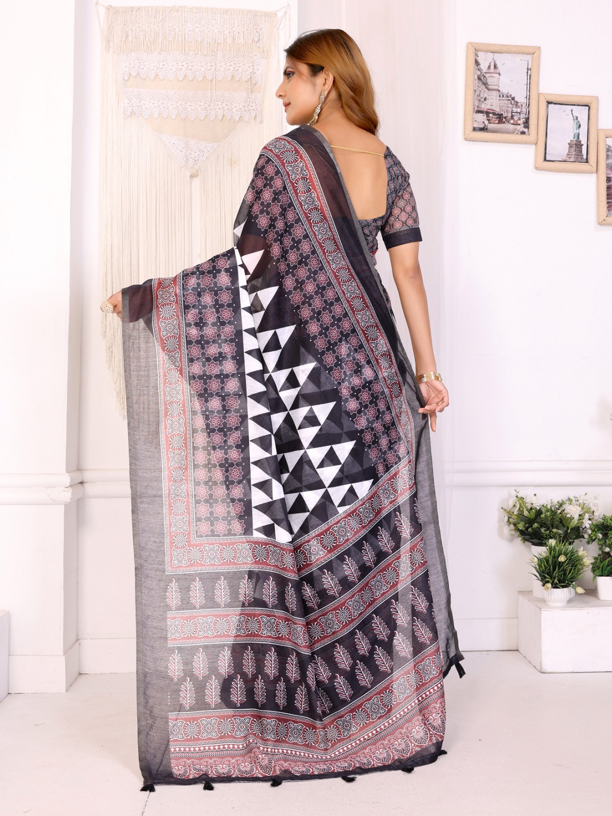 Black Maroon Chanderi Printed Saree for Women