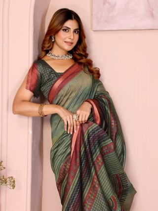 Green Maroon Chanderi Printed Saree Online India