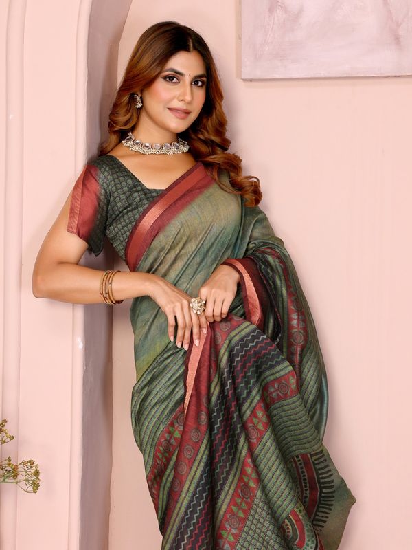 Green Maroon Chanderi Printed Saree Online India