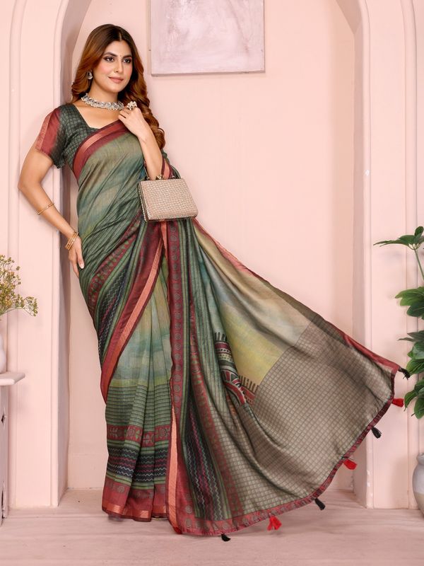 Green Maroon Chanderi Printed Saree Online India
