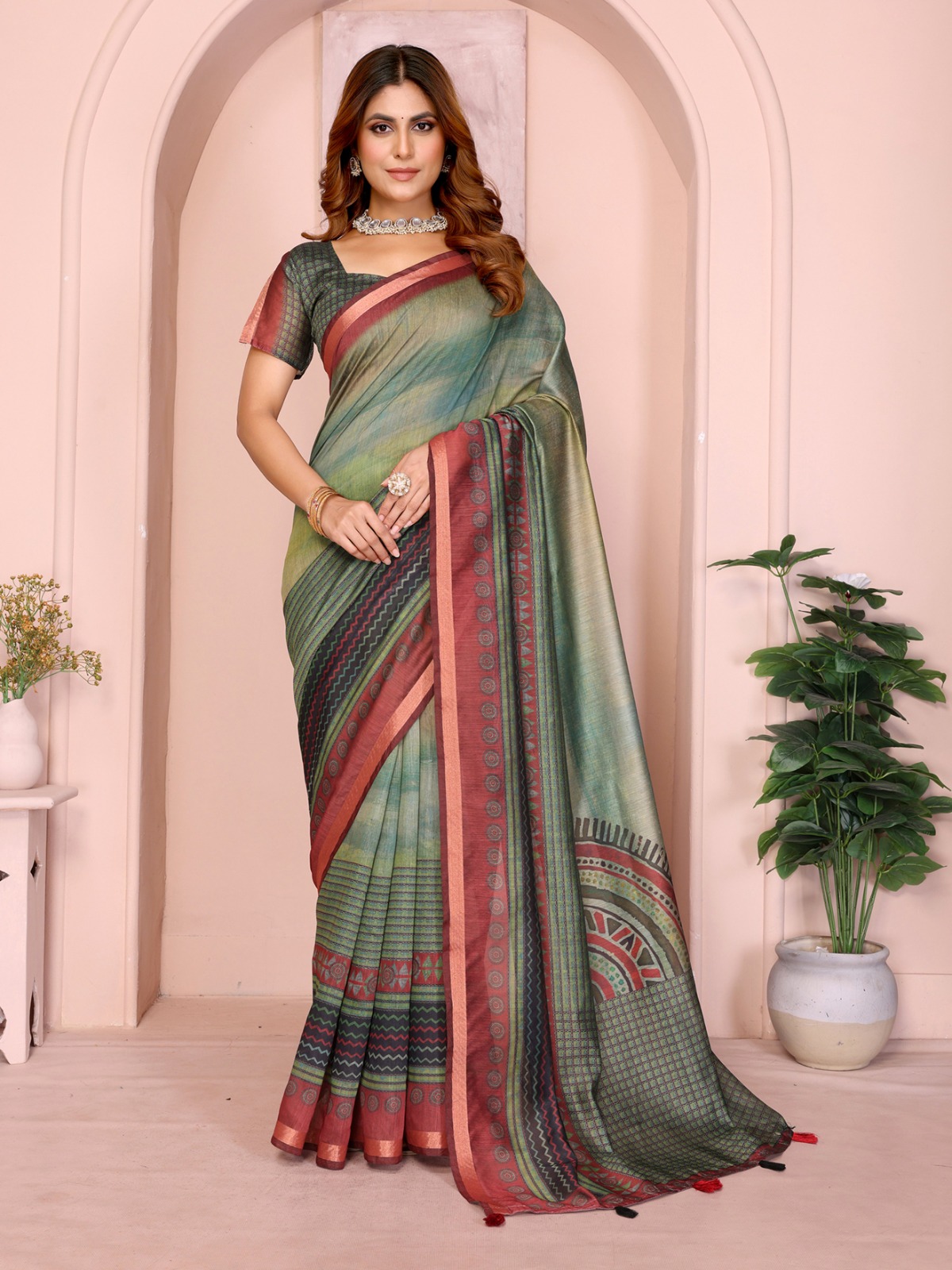 Green Maroon Chanderi Printed Saree Online India