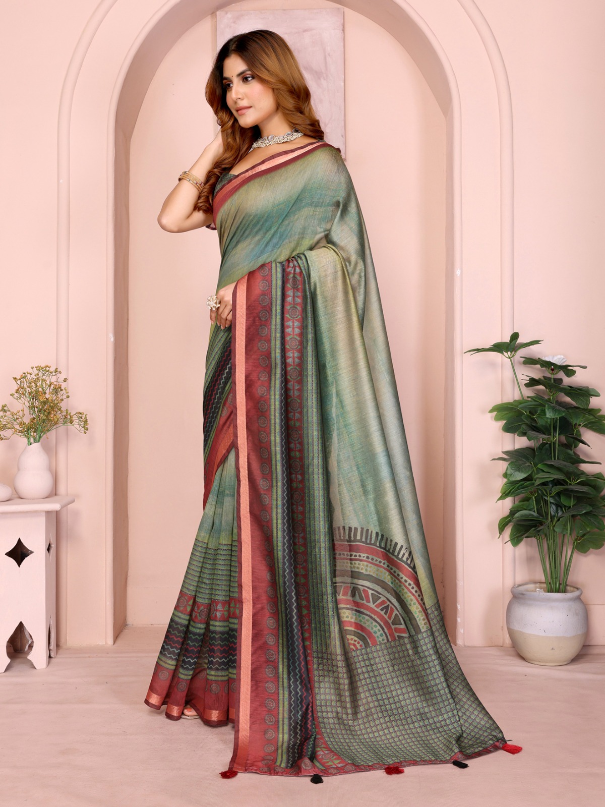 Green Maroon Chanderi Printed Saree Online India