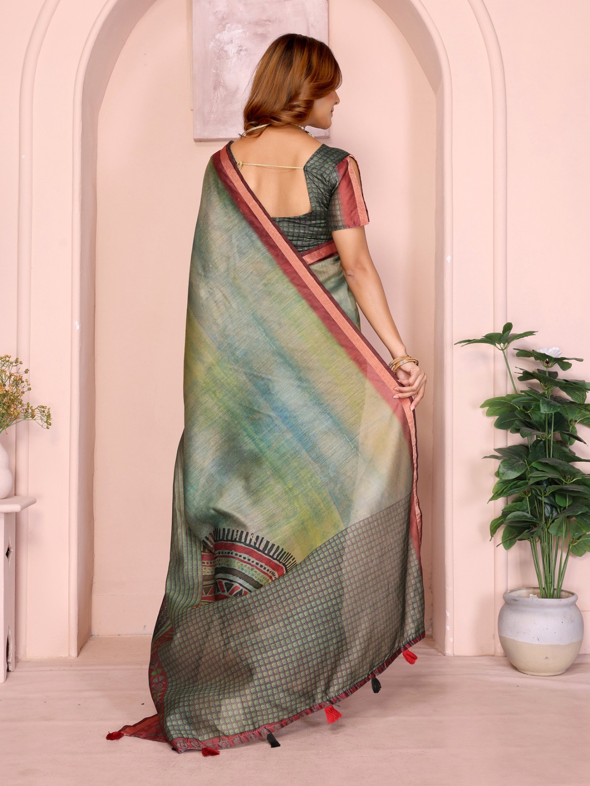 Green Maroon Chanderi Printed Saree Online India