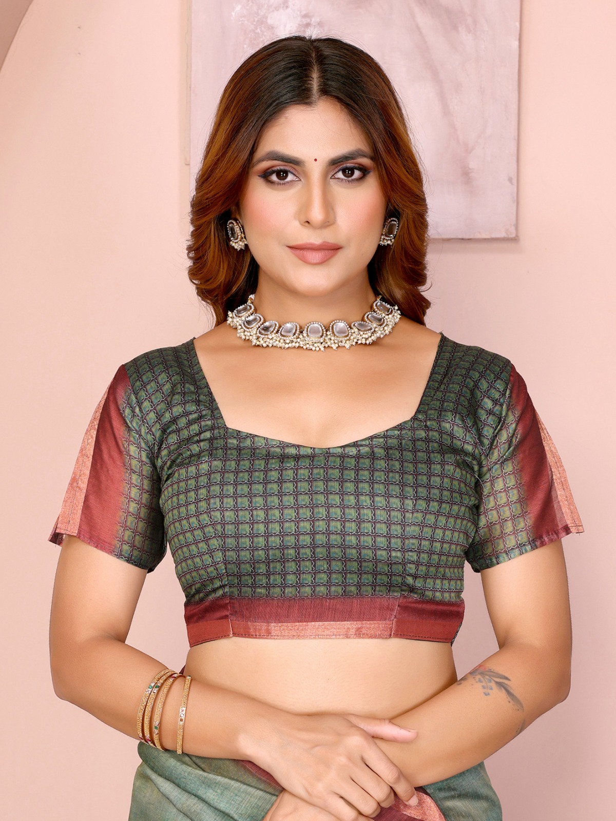 Green Maroon Chanderi Printed Saree Online India