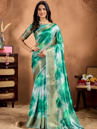 Green Soft Silk Blend Printed Saree with Zari Border