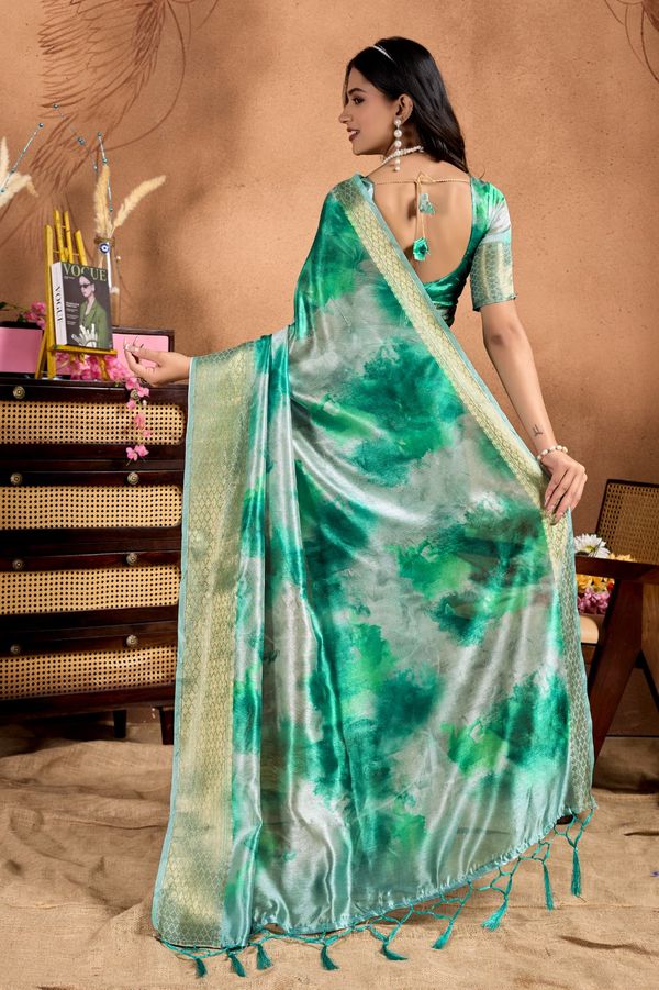 Green Soft Silk Blend Printed Saree with Zari Border