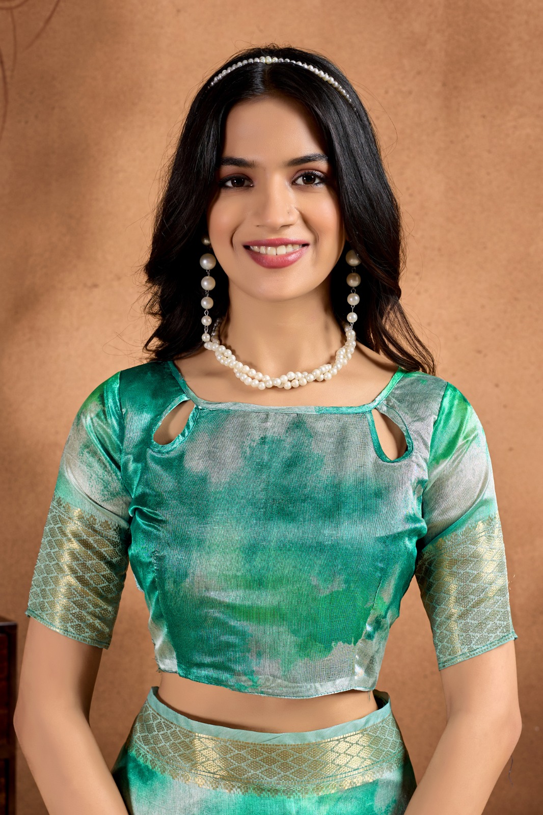 Green Soft Silk Blend Printed Saree with Zari Border