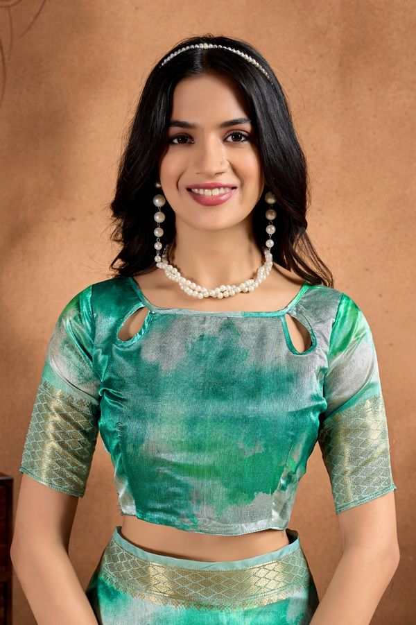 Green Soft Silk Blend Printed Saree with Zari Border