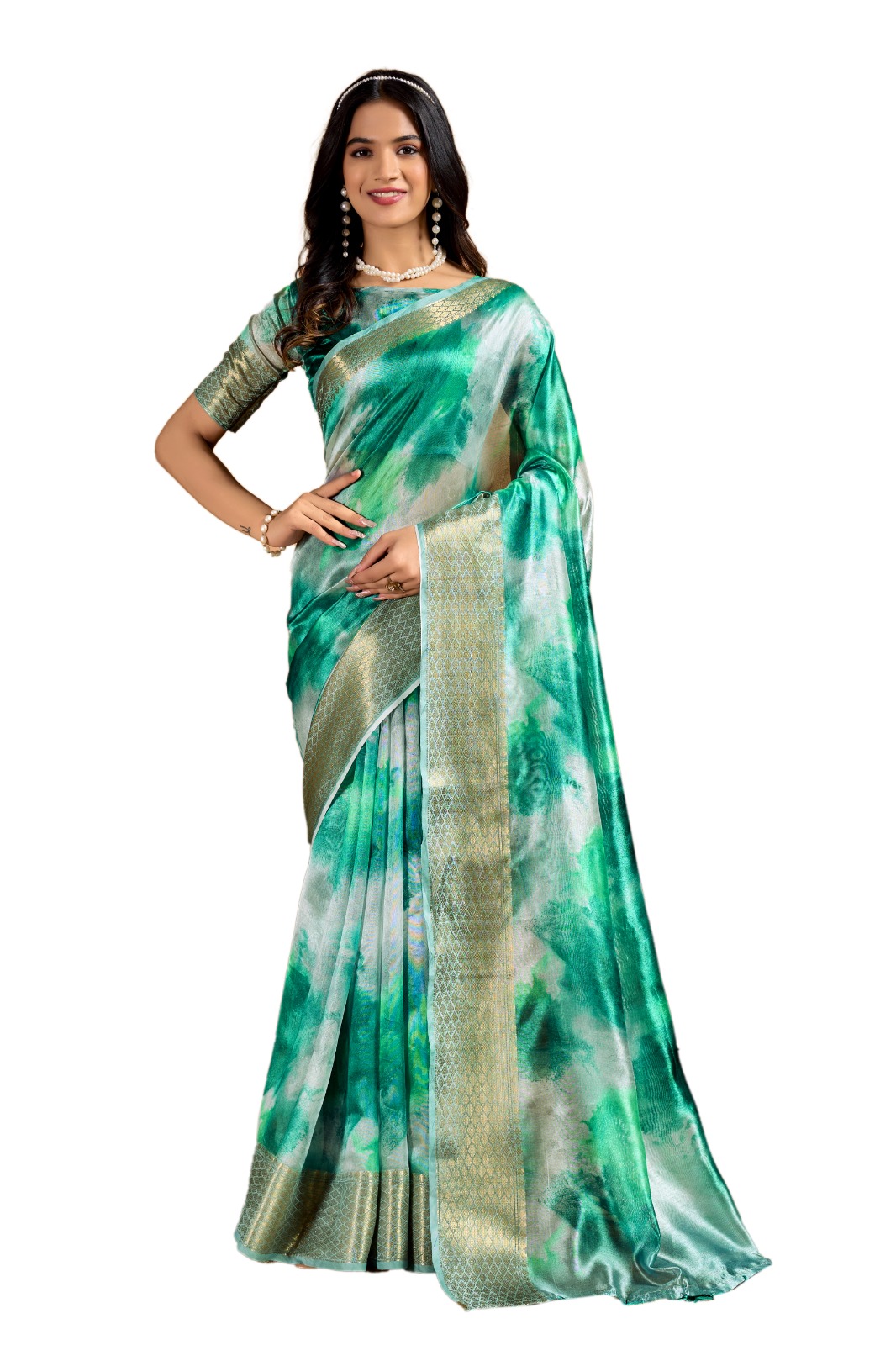 Green Soft Silk Blend Printed Saree with Zari Border