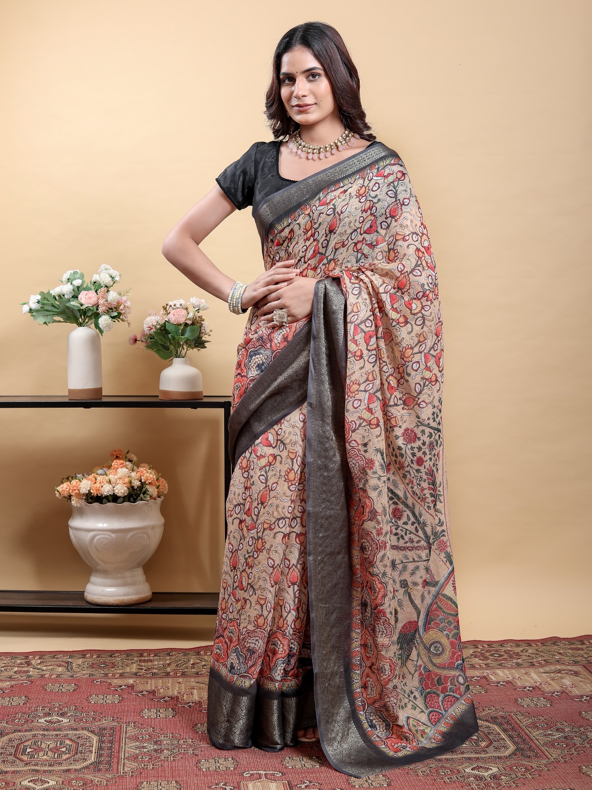 Beige Kalamkari Printed Linen Cotton Saree Online
