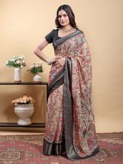 Beige Kalamkari Printed Linen Cotton Saree Online - Beige