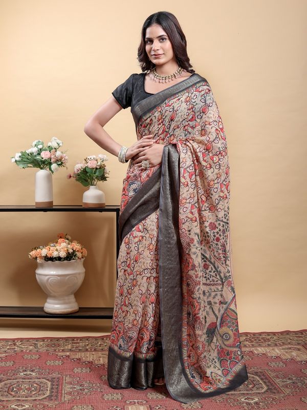 Beige Kalamkari Printed Linen Cotton Saree Online