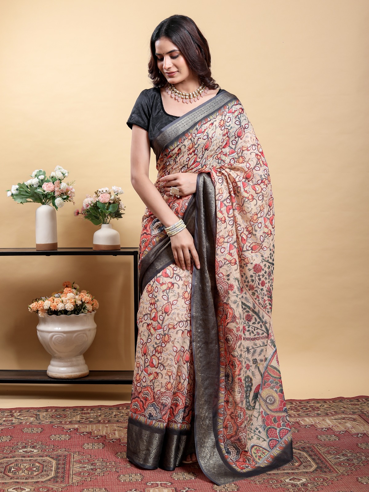 Beige Kalamkari Printed Linen Cotton Saree Online
