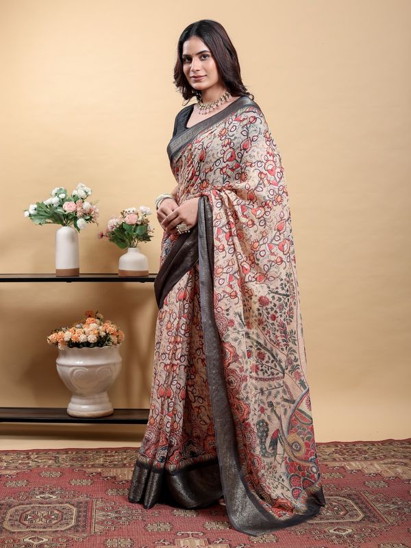 Beige Kalamkari Printed Linen Cotton Saree Online