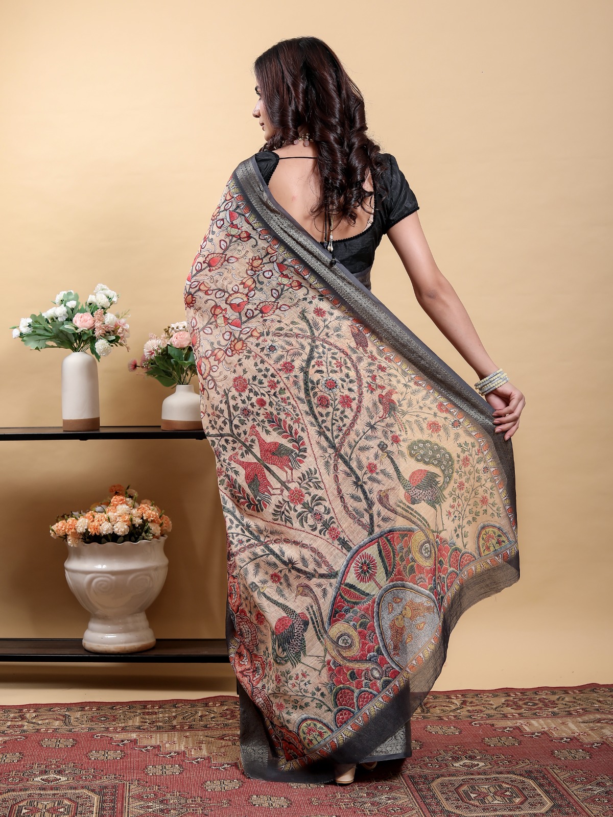Beige Kalamkari Printed Linen Cotton Saree Online