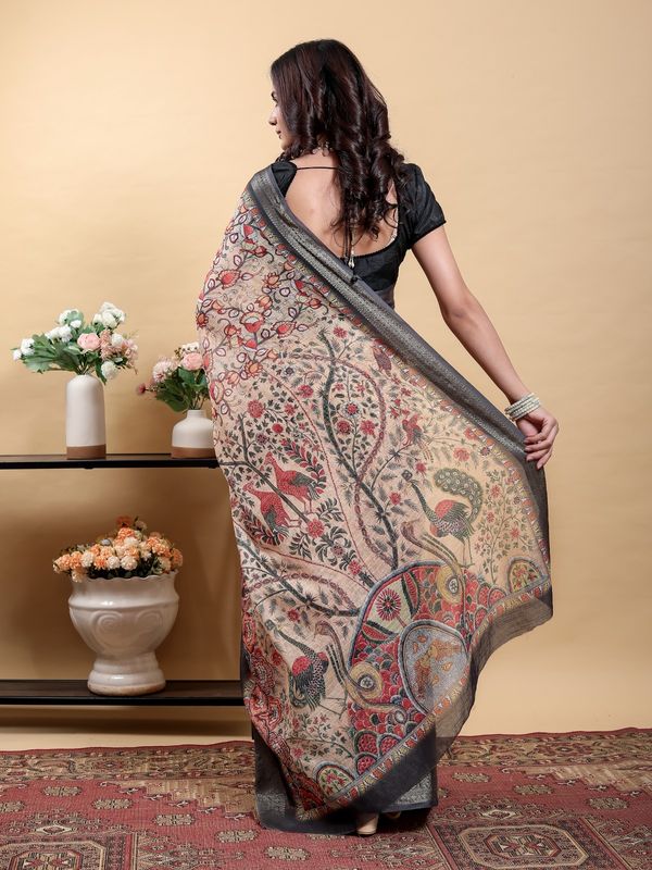 Beige Kalamkari Printed Linen Cotton Saree Online