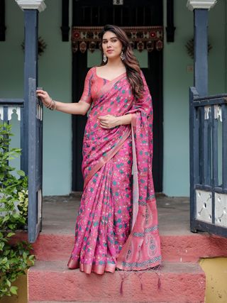 Pink Floral Printed Linen Cotton Saree Online