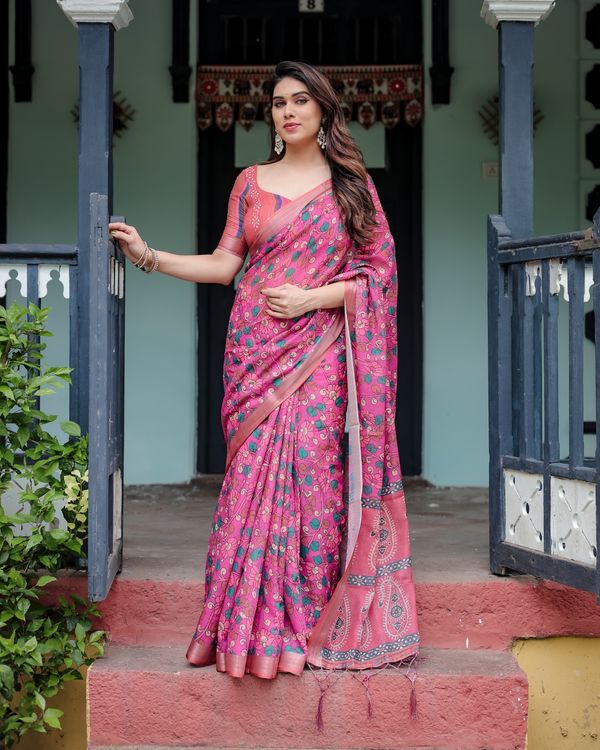 Pink Floral Printed Linen Cotton Saree Online