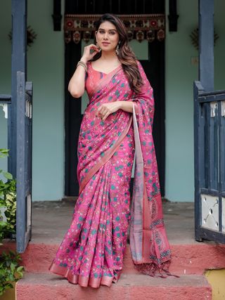 Pink Floral Printed Linen Cotton Saree Online
