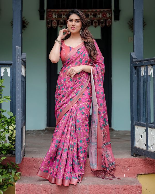 Pink Floral Printed Linen Cotton Saree Online
