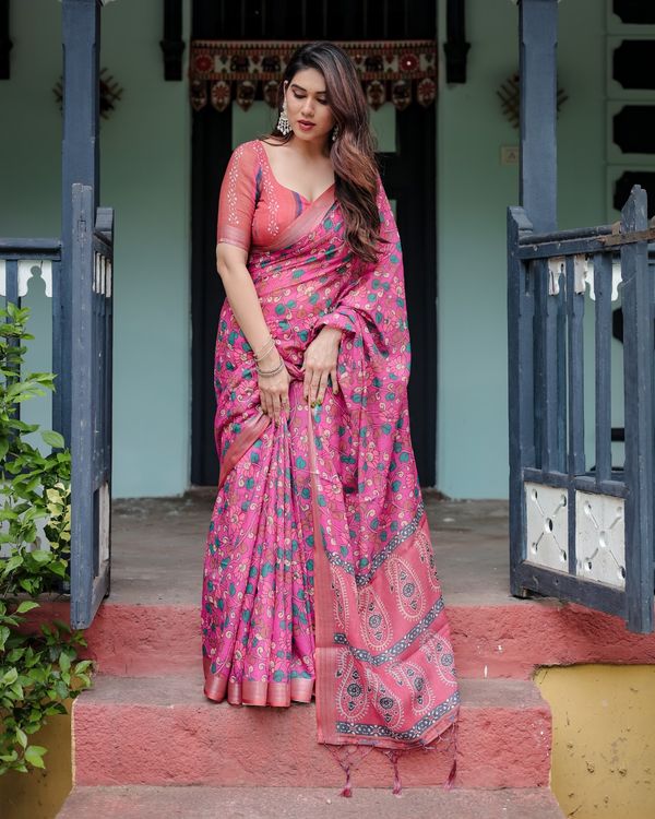 Pink Floral Printed Linen Cotton Saree Online