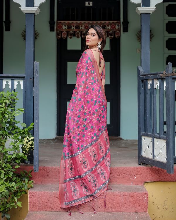 Pink Floral Printed Linen Cotton Saree Online